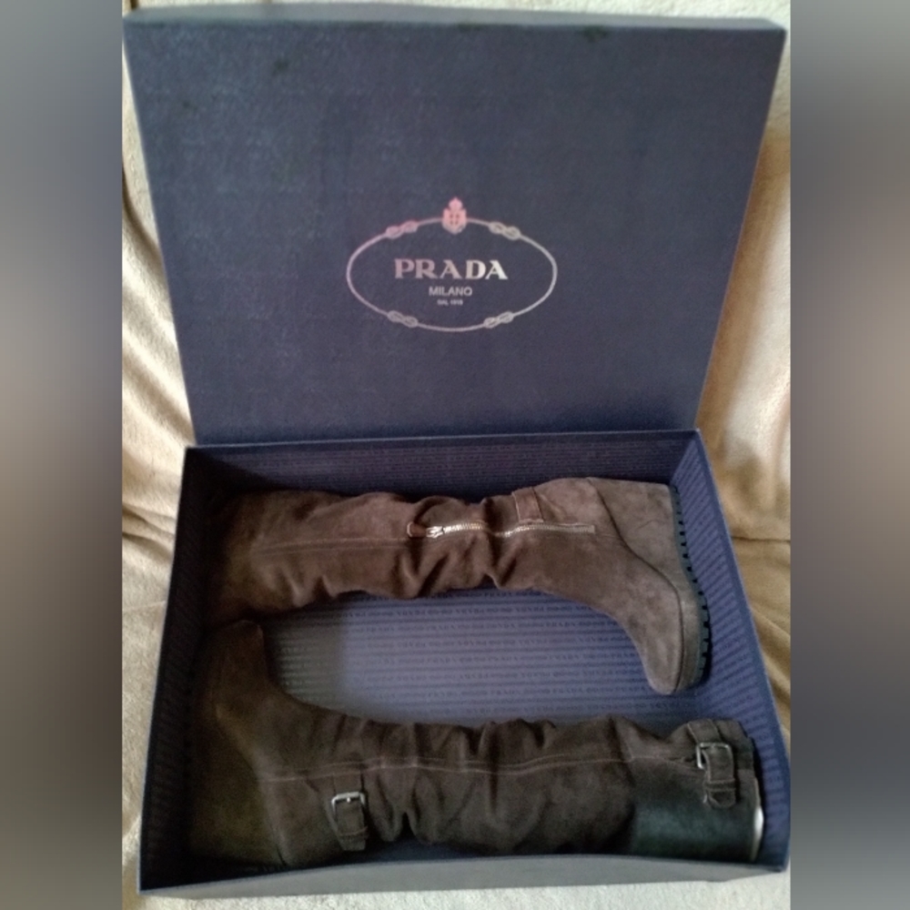 Prada brown suede wedge boots - stretchy calves - size 6 in Prada box